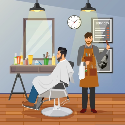 Barber shop flat design with hairdresser with working tools and client in chair near mirror vector illustration