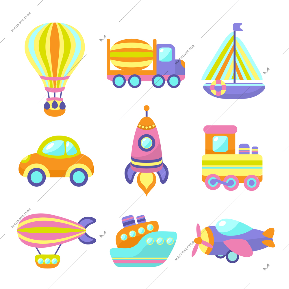 Toy transport cartoon icons set with train car plane isolated vector illustration