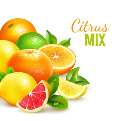 Fresh delicious natural looking citrus fruits collection background poster with lemon blood orange and lime vector illustration