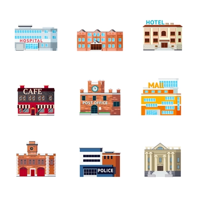 Orthogonal icons set with isolated images of different purpose city buildings facade looks and architectural form vector illustration