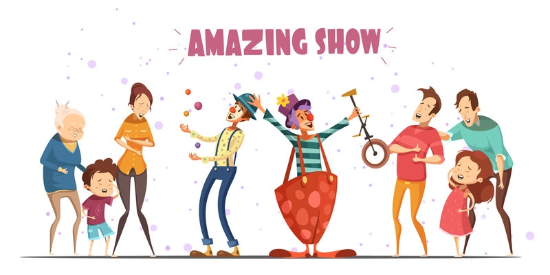 Circle clowns amazing public show performance for hilarious laughing people with kids and grandparents retro cartoon vector illustration