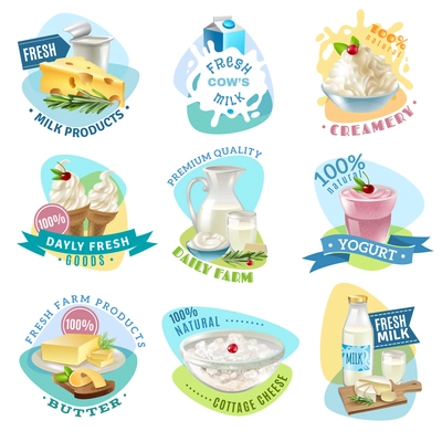 Milk products emblems set with butter and cream cartoon isolated vector illustration