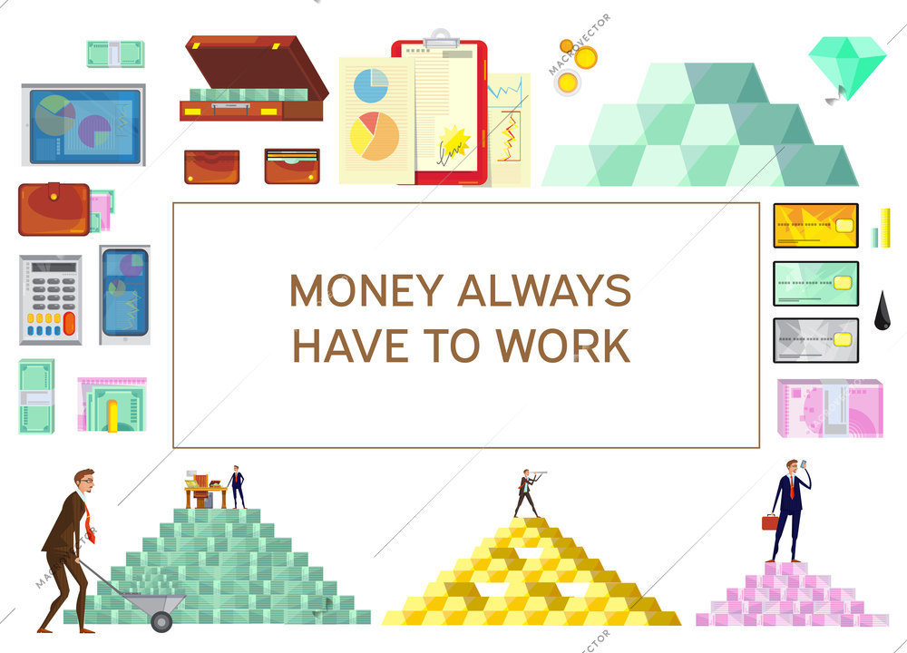 Financial wealth banner with flat isolated images of money pyramids credit cards and office worker characters vector illustration