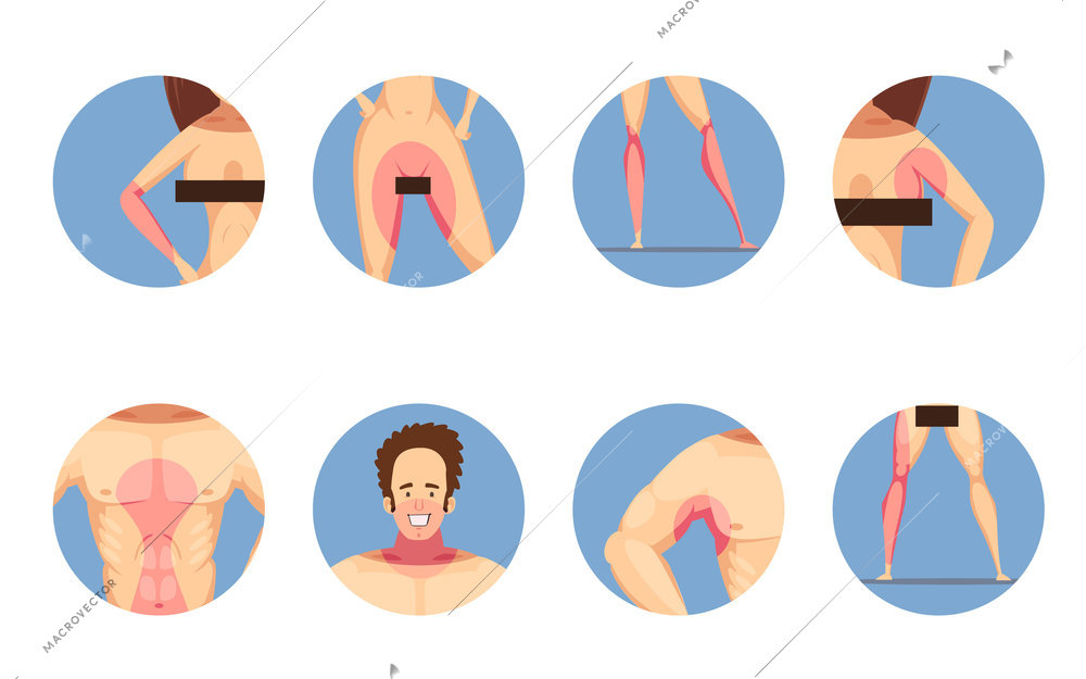 Depilation hair removal zones for men and women cartoon style blue background round icons set isolated vector illustration