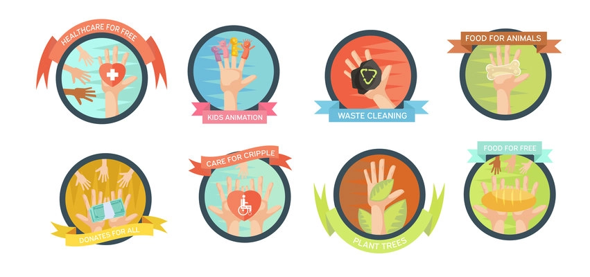 Isolated volunteering emblems set with helping hand images and signs inscribed in round frames with text ribbons vector illustration