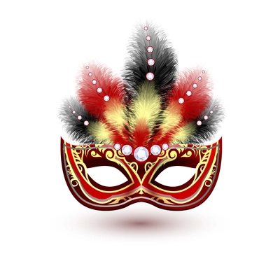 Red venetian carnival mardi gras colorful party mask with decoration feathers and diamonds vector illustration