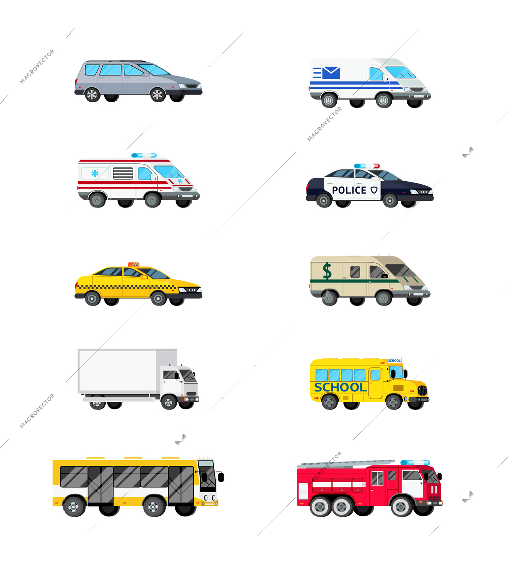 Orthogonal automobile transport icons set with ten isolated images of light cargo and special vehicles vector illustration