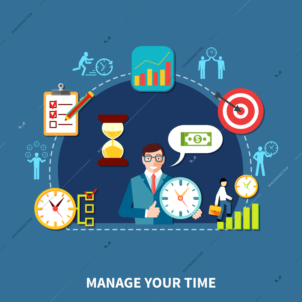 Composition of time management flat icons human silhouette pictograms task checkboxes clock images and human characters vector illustration