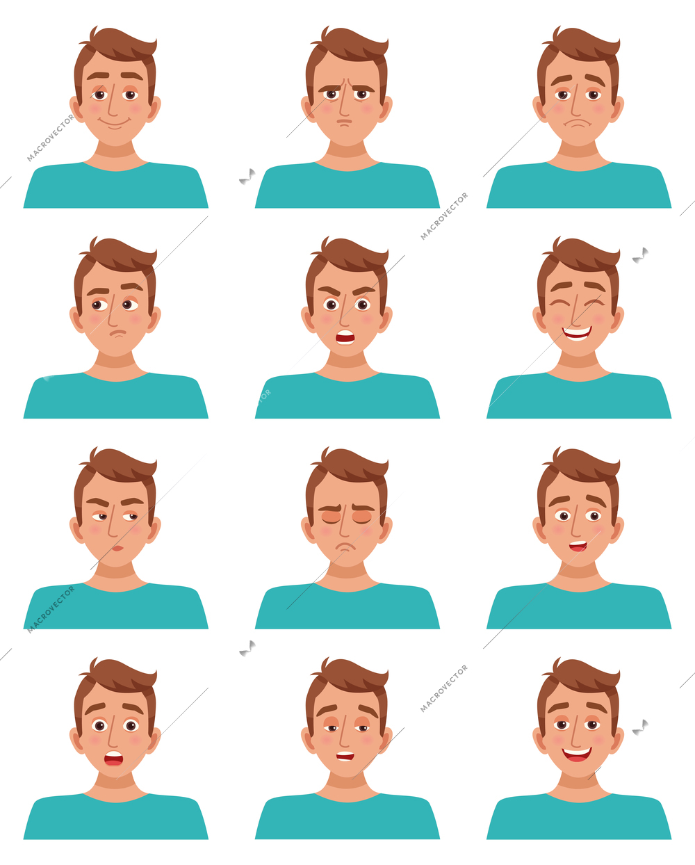 Male avatar cartoon guy character set of facial expressions smile laughter anger fear sadness happiness surprise vector illustration