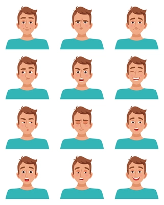 Male avatar cartoon guy character set of facial expressions smile laughter anger fear sadness happiness surprise vector illustration