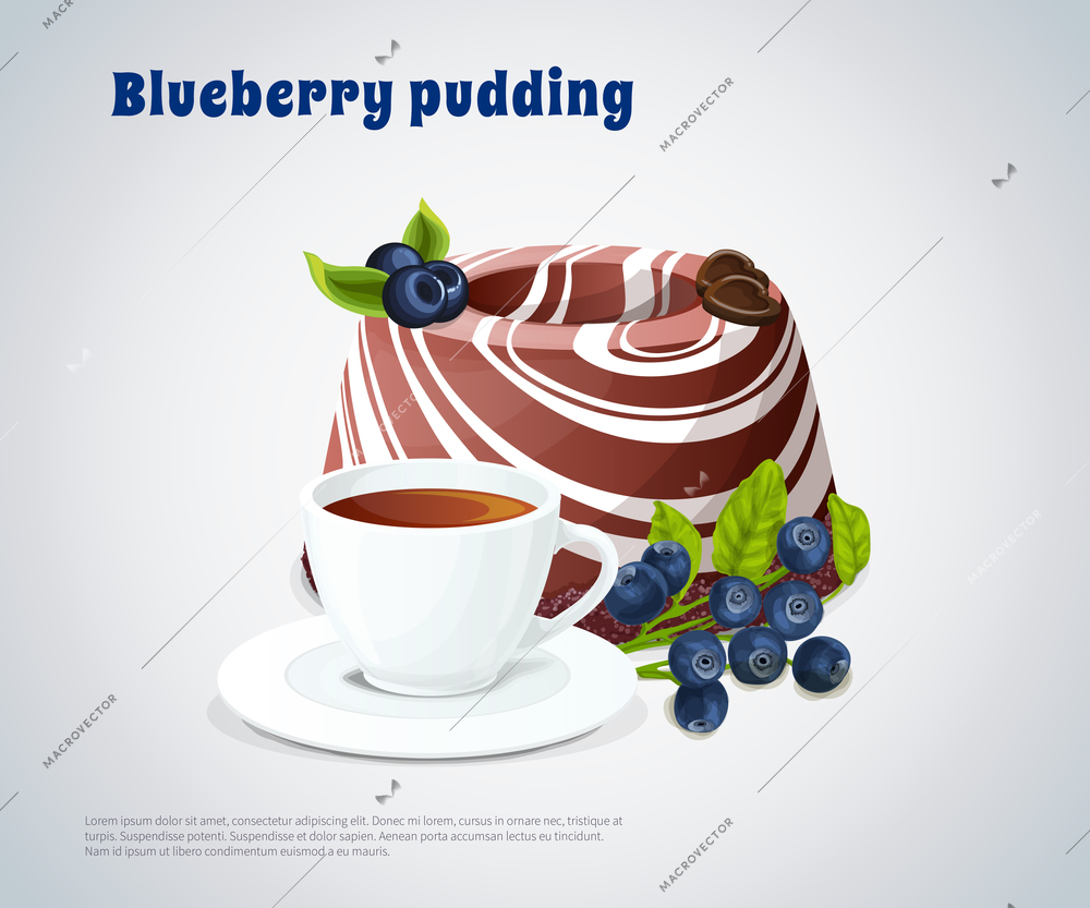 White cup with drink and striped blueberry pudding decorated chocolate hearts on grey background vector illustration