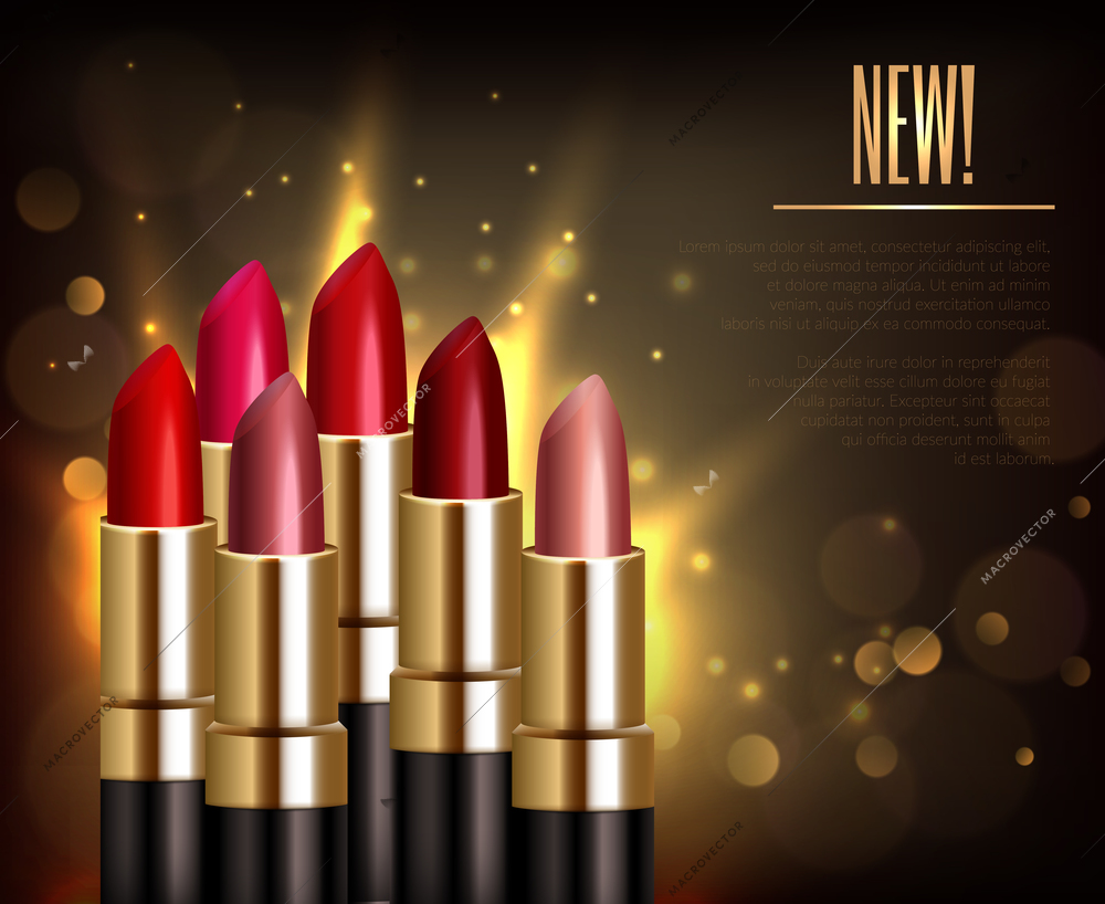 Lipstick assortment background with glossy sparkling colors realistic vector illustration