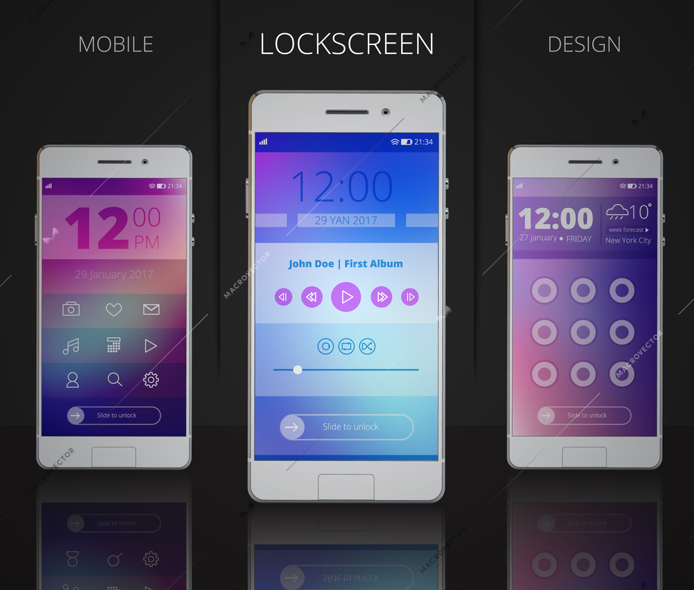 Smartphones lock screen designs with user interface including icons menu music player and password 3d vector illustration