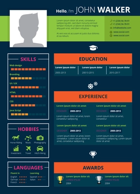 Resume page design with skills hobbies and education symbols flat vector illustration