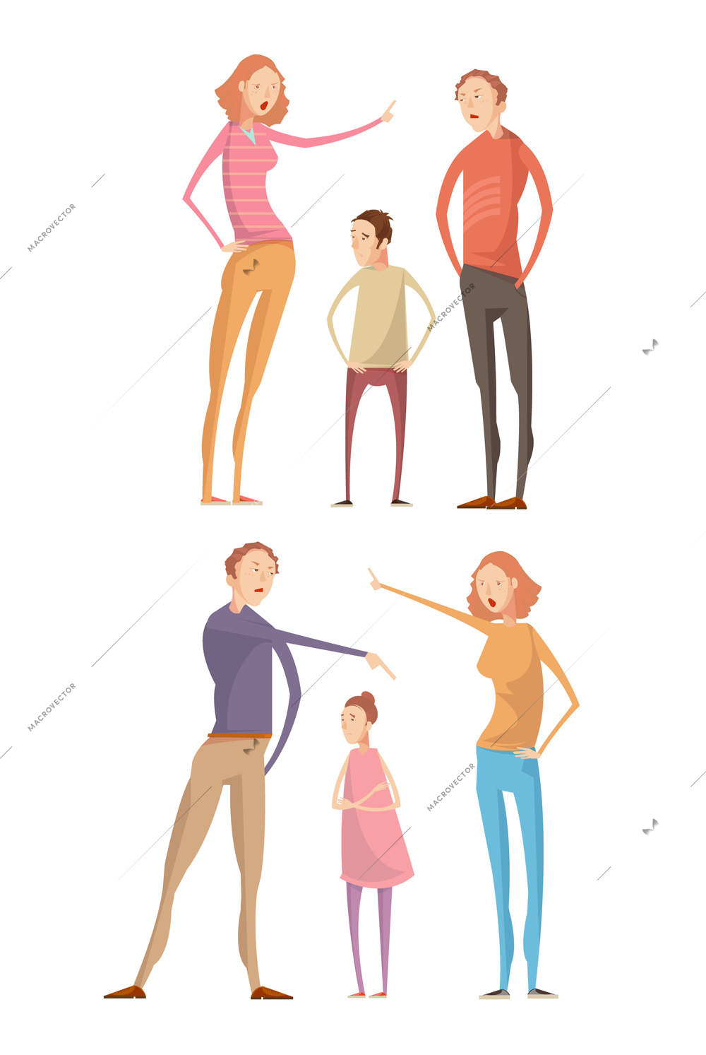 Set of two isolated compositions with adult parents characters abusing their unhappy children having family quarrel vector illustration