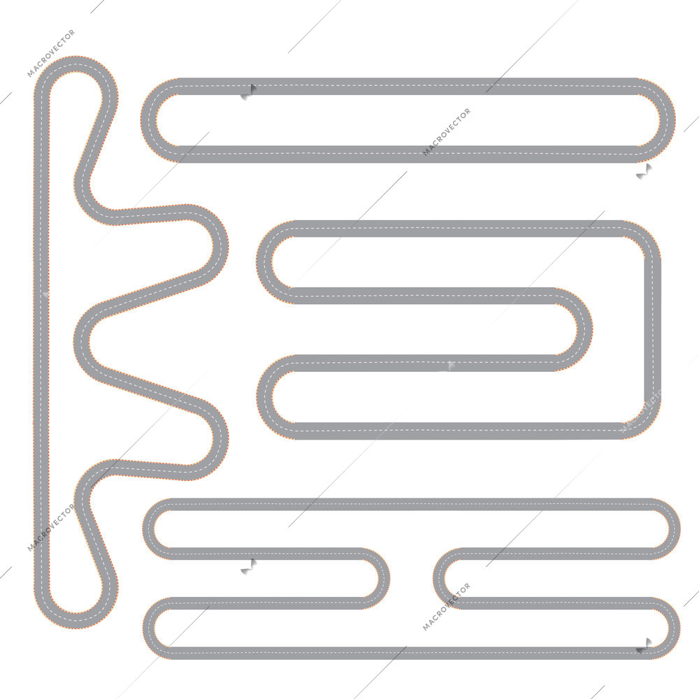 Race track four isolated patterns set with top view  motor circuit continuous shape flat images vector illustration