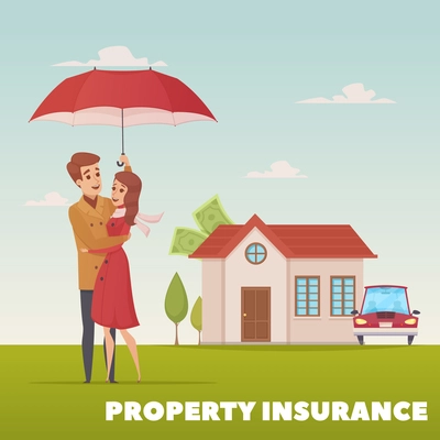 Property insurance design concept with young family couple under umbrella on background of house and car flat vector illustration