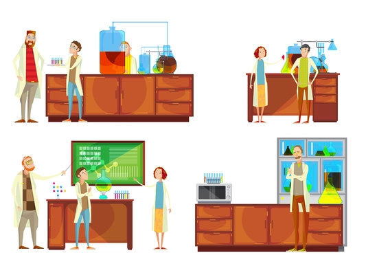 Set of compositions with teacher and student doodle characters in the chemical laboratory teaching research lessons vector illustration