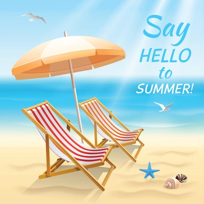 Summer holidays beach background say hello to summer wallpaper with sun chair and shade vector illustration.