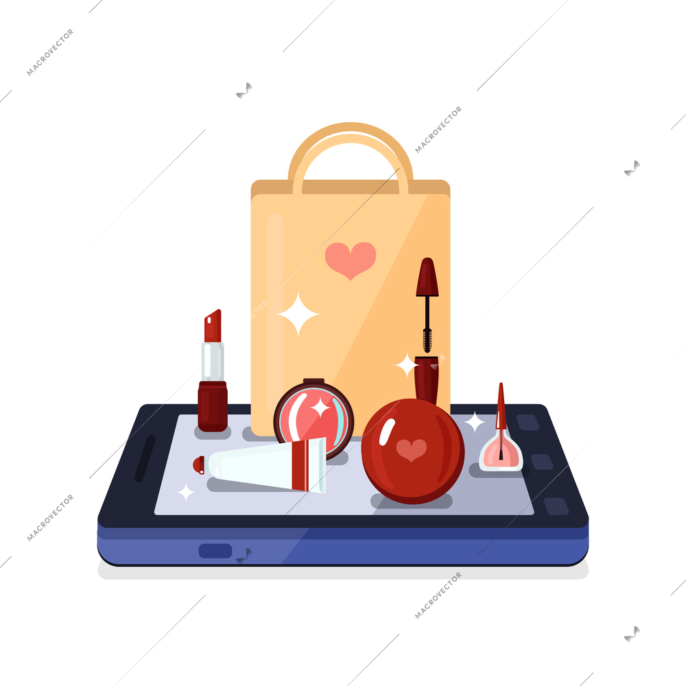 Colored beauty shop online composition with set of beauty tools and makeup instruments on smartphone vector illustration