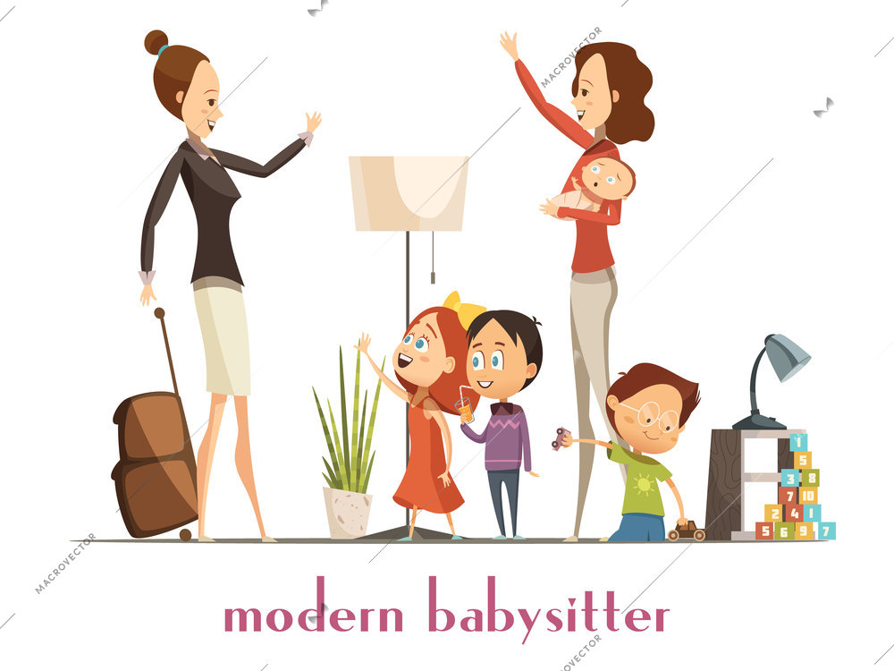 Modern stylish babysitter nanny holding baby playing with kids and waving farewell to busy mother cartoon vector illustration