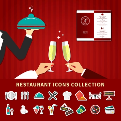 Restaurant emoji icons collection background with flat cartoon images of waiter hands champagne glass and menu vector illustration