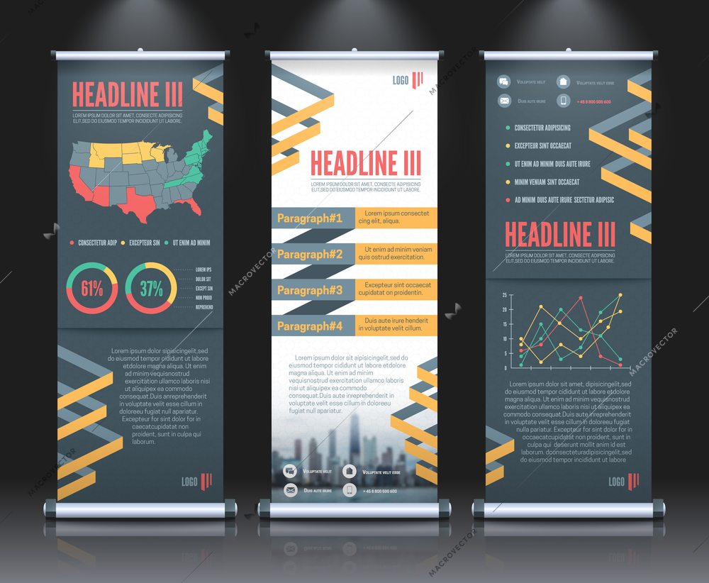Three vertical modern rollup banner set template with ribbons and infographic elements vector illustration
