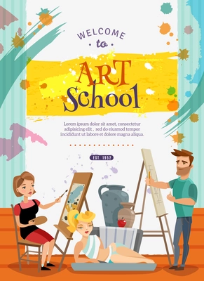Art school courses on painting and graphic design creative cartoon invitation poster with live model vector illustration