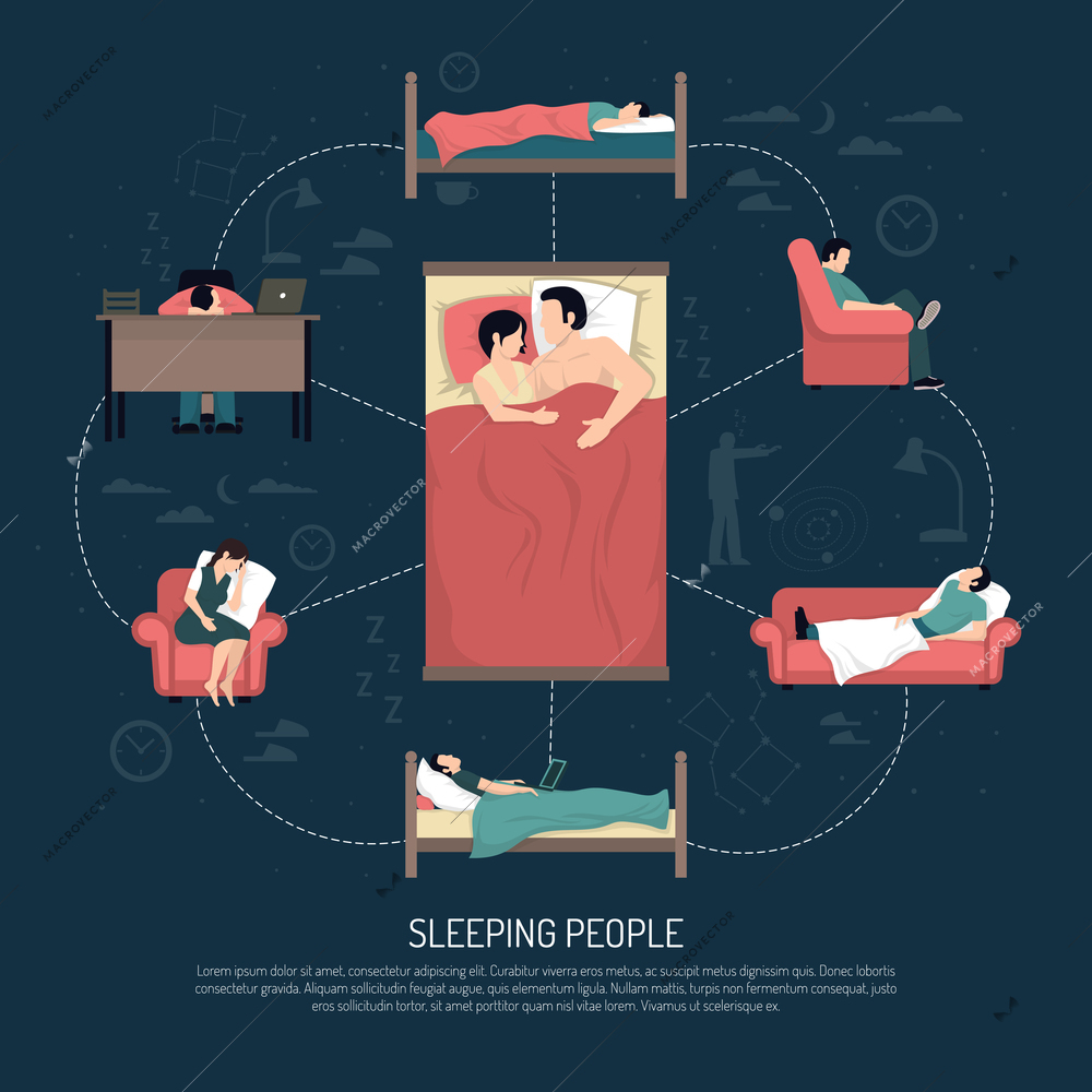 Sleeping people design concept with married couple laying in bed and young men and women resting in chair on couch and at table vector illustration