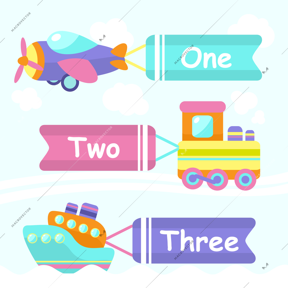 Toy transport cartoon decorative banners set with train boat plane isolated vector illustration