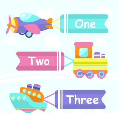 Toy transport cartoon decorative banners set with train boat plane isolated vector illustration
