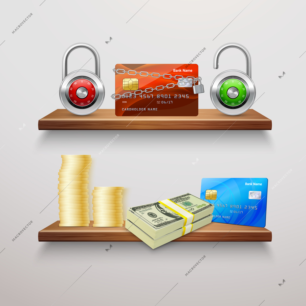 Realistic finance collection with padlocks banking credit cards money cash gold coins on shelves isolated vector illustration