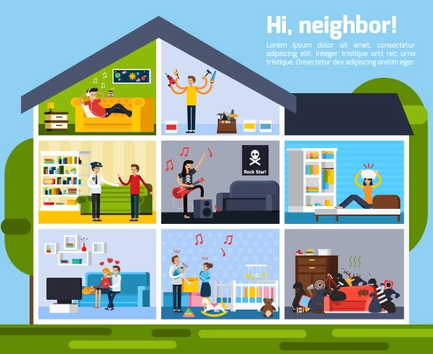 Neighbor conflicts composition with repairs music and children symbols flat vector illustration