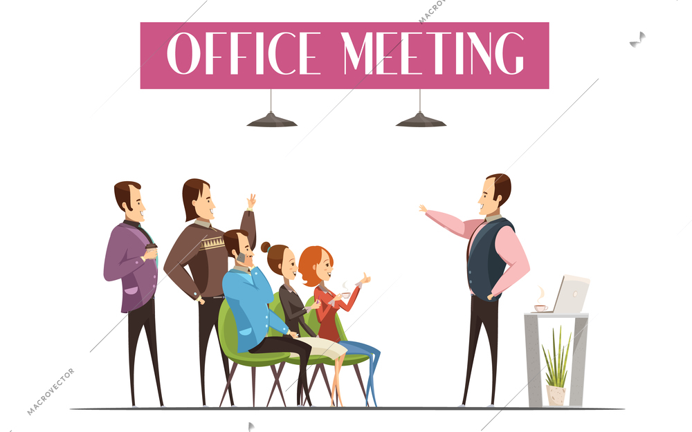 Office meeting design including boss with laptop and coffee employees and interior elements cartoon style vector illustration