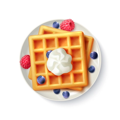 Breakfast menu item sweet belgian waffles with blueberry raspberry and cream realistic top view  plate image vector illustration