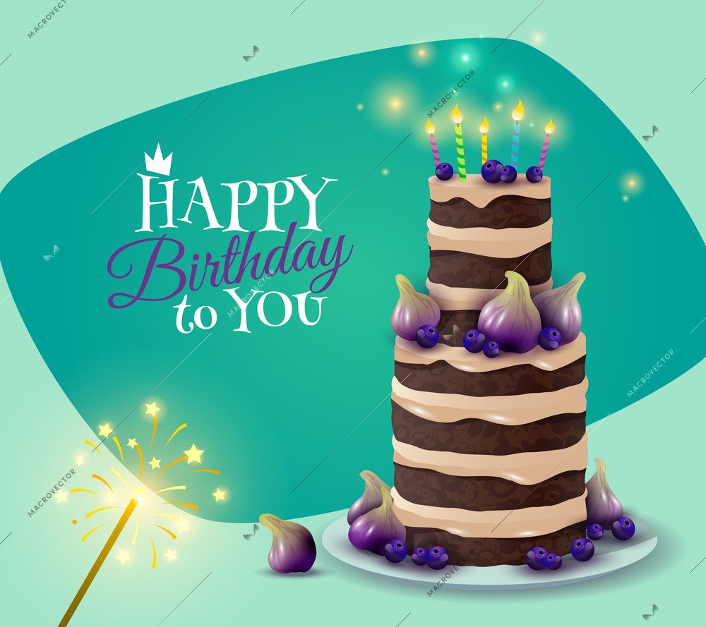 Birthday cake card with celebration and greeting symbols cartoon vector illustration