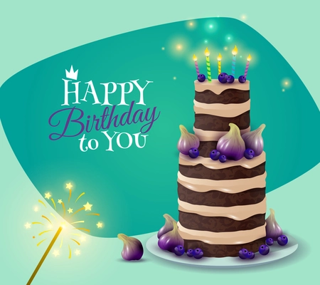 Birthday cake card with celebration and greeting symbols cartoon vector illustration