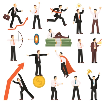 Successful businessman winner flat icons collection with goals targeting money investment and profit symbols isolated vector illustration