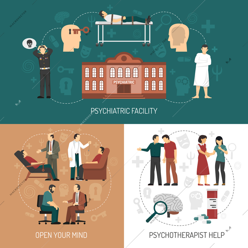 Psychologist design concept with icons representing medical help in psychiatric facility and people having therapy session with psychologist flat vector illustration