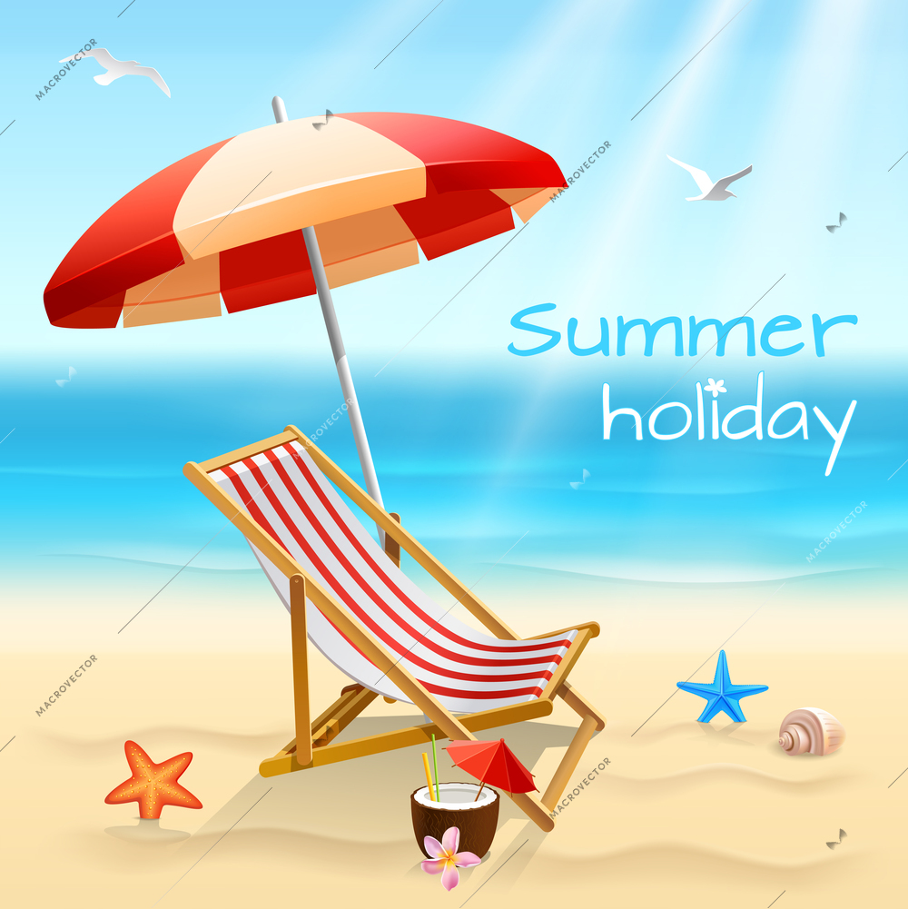 Summer holidays beach background poster with chair starfish and cocktail vector illustration