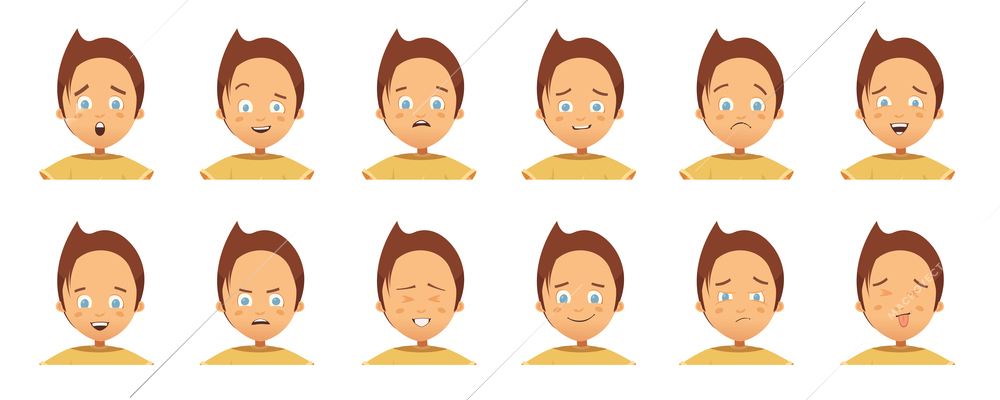 Collection of avatars with child emotions including surprise happiness hurt laugh anger cartoon style isolated vector illustration