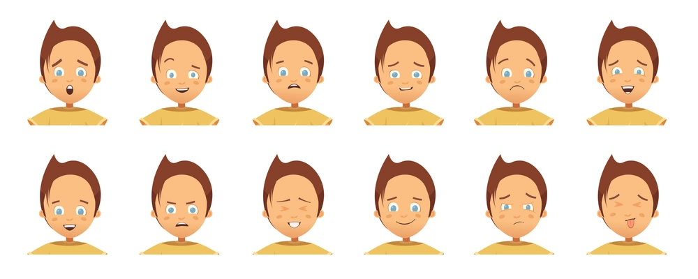 Collection of avatars with child emotions including surprise happiness hurt laugh anger cartoon style isolated vector illustration