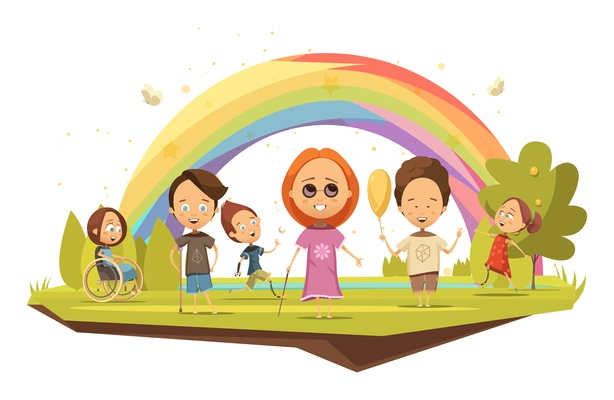 Disabled kids on wheelchair with crutch and with prosthetic limbs on rainbow background cartoon style vector illustration