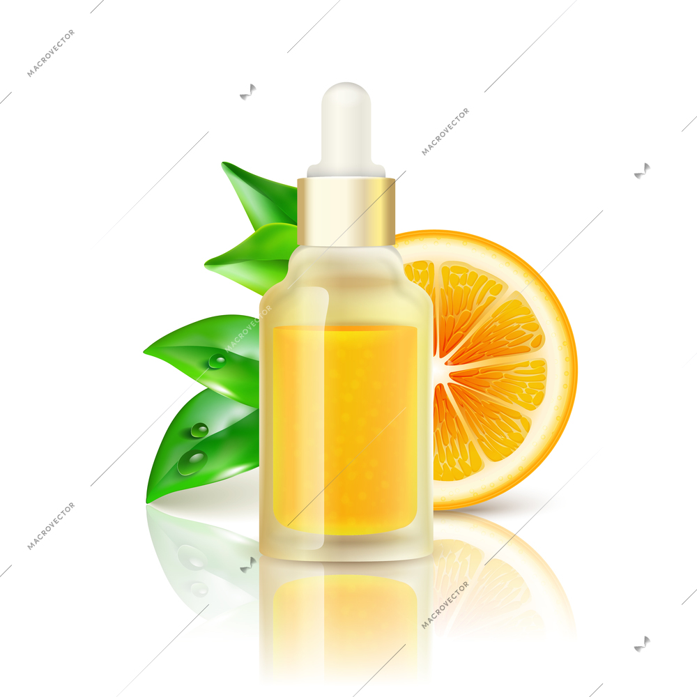 Natural citrus fruits vitamin c transparent drop bottle with concentrated orange juice realistic image with reflection vector illustration