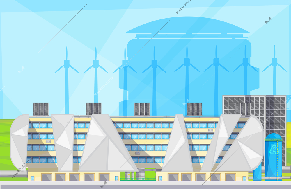 Eco friendly plant facilities with waste to energy converting converting technology using windmills flat poster vector illustration