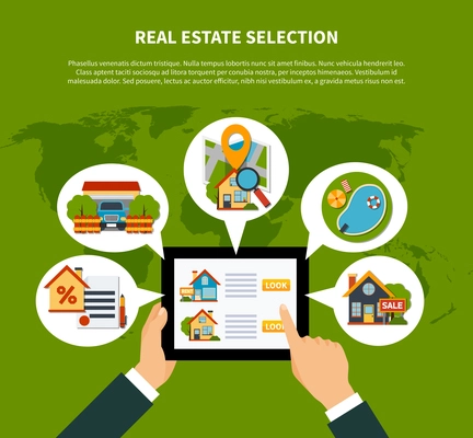 Flat design real estate online selection concept on green background with world map vector illustration