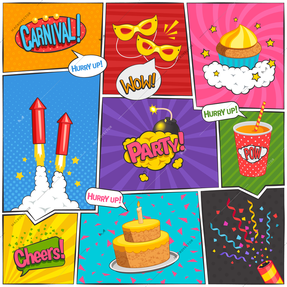 Party and carnival comic page design with fun symbols flat isolated vector illustration