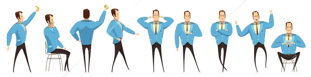 Set of various poses of businessman with emotions on face and accessories cartoon style isolated vector illustration