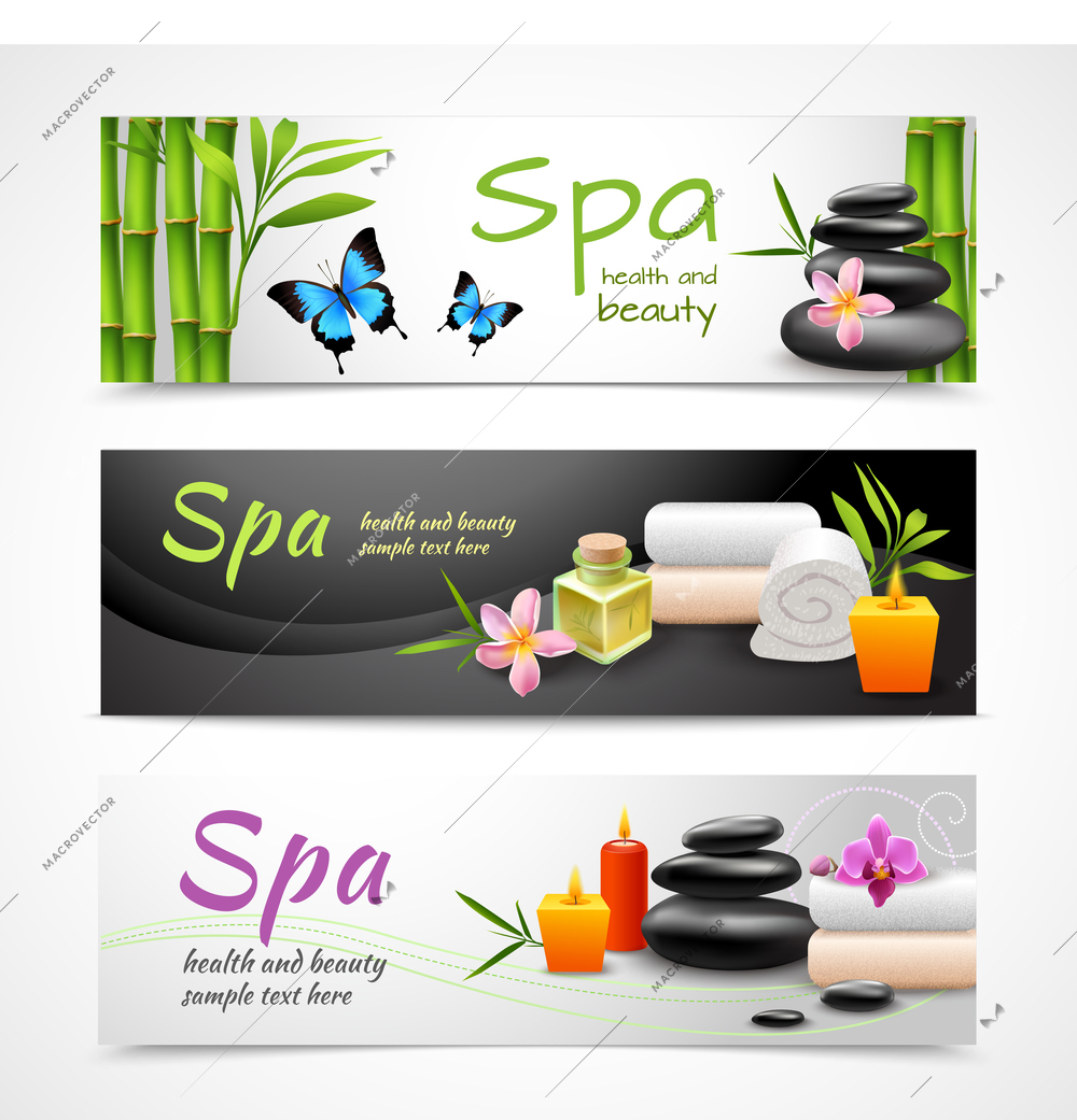 Realistic spa beauty health care banner set with stones towels candles isolated vector illustration