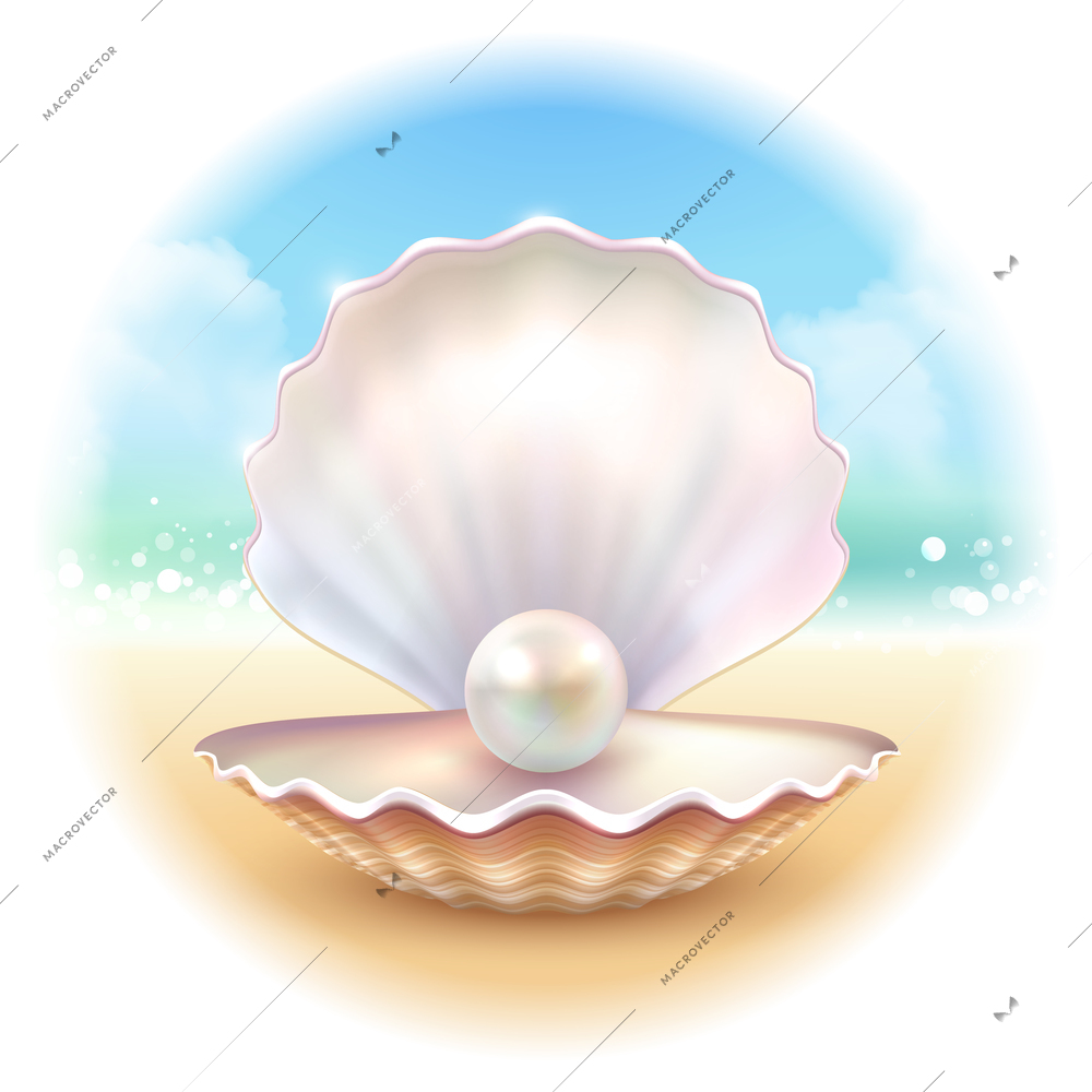 Realistic shell pearl on sandy surf beach image with summer sky inscribed in blurry round shape vector illustration